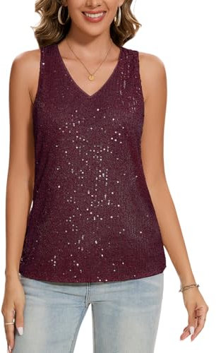 MINTLIMIT Damen Ärmellos Tunika Glitzer Tank Top Elegant Festlich Oberteil V-Ausschnitt Blusentop (Weinrot L)
