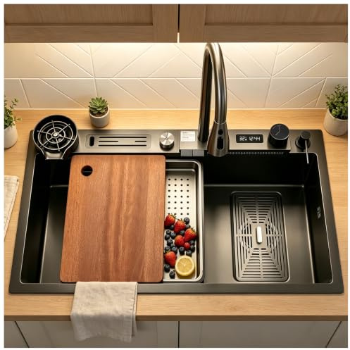 HZKSINNK 80x45cm Wasserfall Küchenspüle, 1 Becken Schwarz Multifunktional Edelstahl Barspüle,mit Ausziehbare Wasserhähne, Schneidebrett, Siphon, Über- und Ablauf-Set Komplettes Zubehör Aufsatzspüle