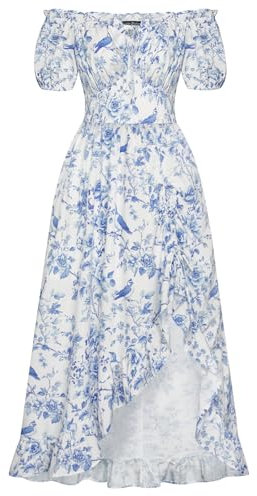SCARLET DARKNESS Rockabilly Pirate Dress Women's Square Neck A-line Corset Dress with Ruffle Hem Light Blue Print on White XL