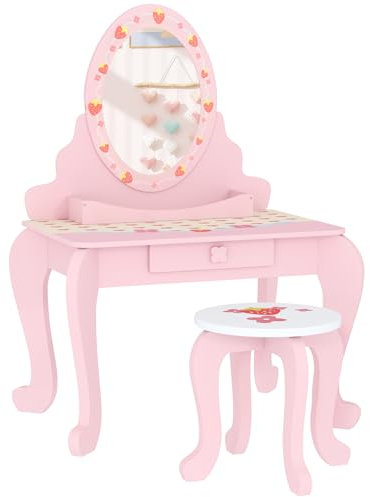 AIYAPLAY Kids Dressing Table Set, Two-Piece Children Vanity Table with Stool, Mirror, Drawer, Desktop Storage, Strawberry-Theme Makeup Desk, Chair, Pink