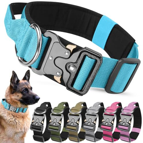 AKOFIC Taktisches Hundehalsband mit Griff, Breites Halsband Hund Gepolstert aus Nylon, Verstellbar Robuster Dog Collar mit Metallschnalle für Mittlere Große Hunde (Blau, L)