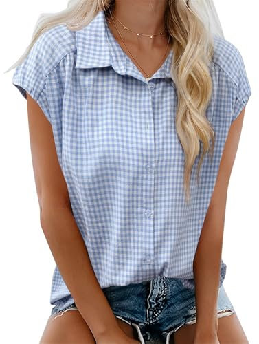 EFFAN Womens Blouse Checked Cotton Shirts Cap Sleeve Blouses V Neck Summer Buttom Down Shirts Ladies Loose Fit Work Blouse Tops UK, Blue and White Plaid, M