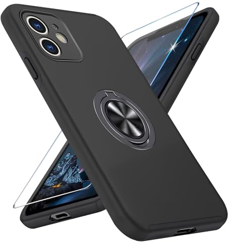 Vaki for iPhone 12 Case with Screen Protector, Military-Grade Drop Shockproof Tested Rugged Cover 360° Metal Magnetic Ring Holder Kickstand Phone Case for iPhone 12 5G (Black)