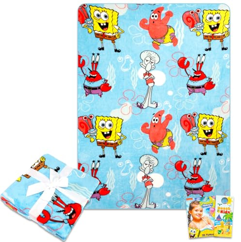 Spongebob Fleece-Decken-Set – Bündel mit weicher Decke und Aufklebern, mehr für Kinder, Erwachsene, Kinder, gemütlicher Spongebob Schwammkopf, Fleece-Überwurf, 127 x 177,8 cm