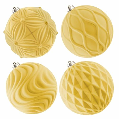 Lanpn 4 STK 15cm Große Samt Weihnachtskugeln, Grosse Beflockt Weihnachtsbaum Kugeln, XXL Christbaumkugeln, Riesen Tannenbaum Kugel Weihnachtsdeko Christbaum-Schmuck für Winterurlaub Party, Gelb