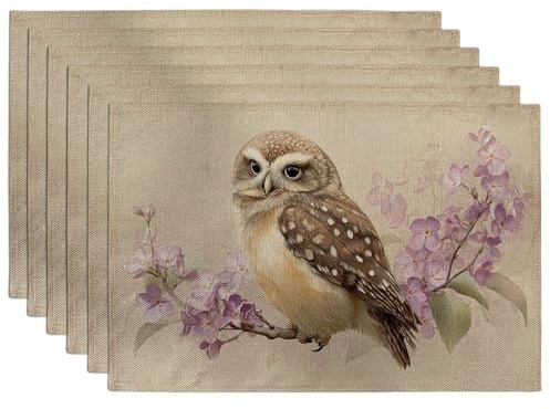 Platzdeckchen mit Blumenmuster und Eule, Beige, botanische Tischsets für Esszimmer, rutschfest, waschbar, für drinnen und draußen, Party, dekoratives Tischset, 6 Stück