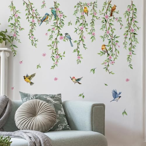 AMIGO Wandtattoo Mittelgroß XL Kirschblüte Grün Baum Ast Wandaufkleber Hängende Blumen Blüten Vögel auf Baum Wandsticker Schlafzimmer Wohnzimmer Sofa Hintergrund Wanddeko