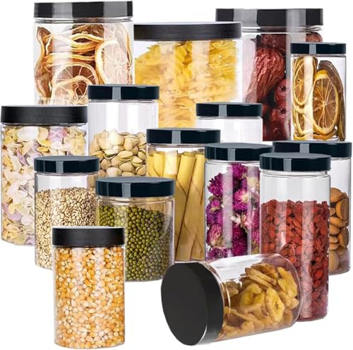 Lydlrum Storage Jars Plastic Jars with Lids,12PCS kitchen Reusable Food Storage Jars Containers Airtight for Dry Food Tea Coffee Sugar (1300ml 900ml 600ml 375ml)