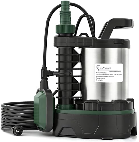 LANCHEZ Tauchpumpe 1000W, 20.000 l/h Förderleistung, Förderhöhe 10.5 m | Einstellbarer Abwasser-/Sauberwasser-Modus, Eintauchtiefe 7 m, Edelstahl, Einstellbarer Schwimmerschalter, Thermoschutz
