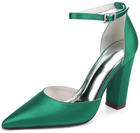 LRMYMHY Chaussures De Mariage en Satin À Bretelles De Cheville pour Femmes Talons À Talons Blocs Talons De Mariée À Bout Pointu,Vert,40 EU