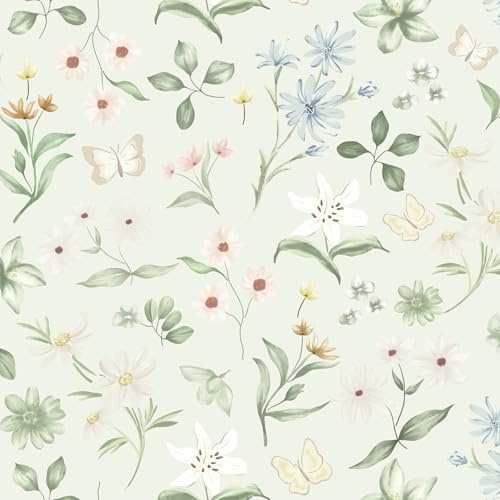 Timeet 44x300cm Self Adhesive Wallpaper Floral Peel and Stick Wallpaper Colorful Flower and Butterfly Sticky Back Vinyl Green Removable Contact Paper for Living Room Bedroom Wall Cabinet Shelf