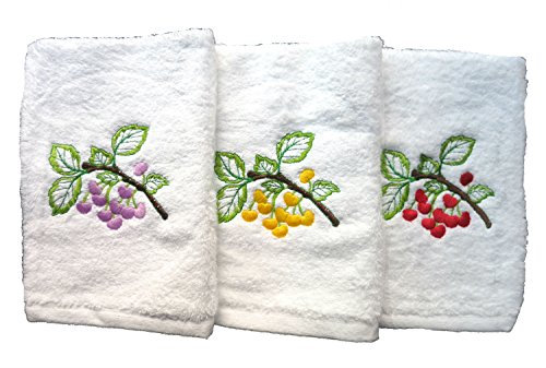 Lote de 3 paños de cocina rizo 100%algodón, Bordados, 50x50cm, fabricados en Portugal. Blanco.