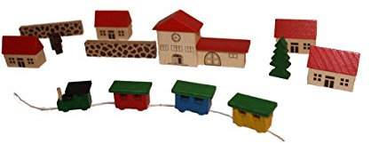 Holzspielzeug Spielzeugdorf mit Bahnhof im Beutel NEU Holzdorf Holzbaustein Dorf Spielsortiment Strategiespiel Geschicklichkeitsspiel Bauspiel Geduldsspiel Holzgestaltung Spiele Holz Seiffen