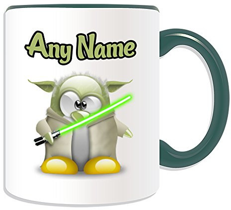 Tazza con scritta in lingua inglese Master Yoda (tema pinguino, opzioni di colore), qualsiasi nome/messaggio sul tuo unico, costume film, supereroe, Star Wars, Jedi spada laser e spada laser