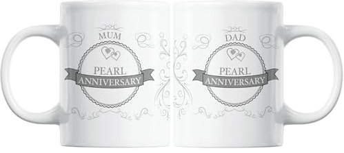 Pair of (30th) Pearl Anniversary (Mum + Dad) Novelty Gift Mugs - Swirls/Rosette Design