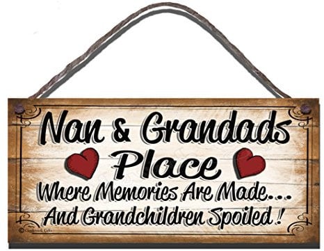 Shabby Chic Wooden Funny Wall Plaque – Nan & Grandad’s Place Where Memories Are Made and Grandchildren Spoilt – Heartwarming Gift for Grandparents, Birthday Sign