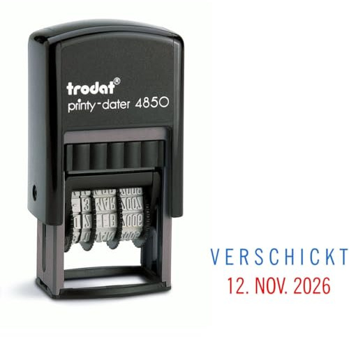 Trodat Printy Dater 4850 Datumstempel mit 2farbigem Kissen blau/rot + Wunschtext, Stempeltext:V E R S C H I C K T