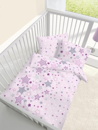 STERNE Mädchen Bettwäsche Kinderbettwäsche 100% Baumwolle · Stars & Sternchen · rosa lila grau - Bettbezug 100x135 + Kissenbezug 40x60 - hergestellt in Deutschland · Biber/Flanell