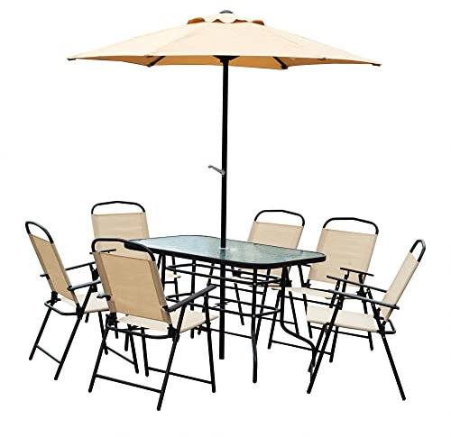 Outsunny 8 Pieces Garden Dining Set with Umbrella, 6 Foldable Chairs, Beige