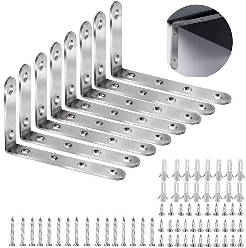 ASelected 8 Pcs Equerre Etagère Murale Inox, 125x75x20mm Support Équerres en Inox, Equerre de Fixation pour Etagère de Bois avec 48 Pcs Vis et 16 Pcs Ancres