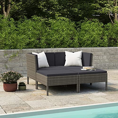 vidaXL Gartenmöbel 4-TLG. mit Auflagen Lounge Sofa Garten Garnitur Sitzgarnitur Sitzgruppe Gartenset Gartensofa Hocker Poly Rattan Grau
