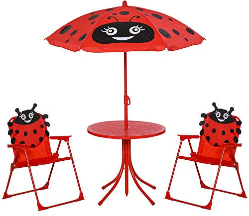 Outsunny Kids Outdoor Table and Chairs Garden Furniture Frog Pattern with Removable & Height Adjustable Sun Umbrella, Red