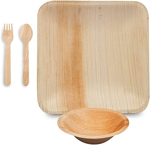 BOX And Tree | 100 Pièces de Vaisselle jetable, 25x Assiettes en Feuille de Palmier 20x20cm, Set de 25x Fourchettes+Cuillères + 15 x de. Bols en Bois Bambou 150ml | Biodegradable 100%