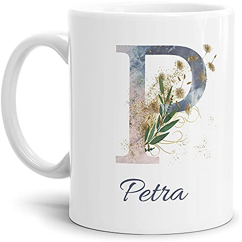 Tasse mit Buchstabe P und Blumen - mit Name personalisiert - Initiale, Namens-Tasse, Buchstaben Tasse, Geschenk I Keramik Weiß, 300 ml