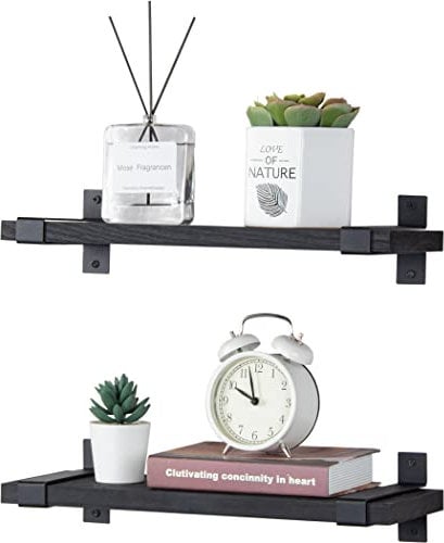 LAVIEVERT Floating Shelves Wall Mounted, Solid Wood Wall Storage Shelves for Bedroom, Living Room, Bathroom, Kitchen, Office - Set of 2 (Black)