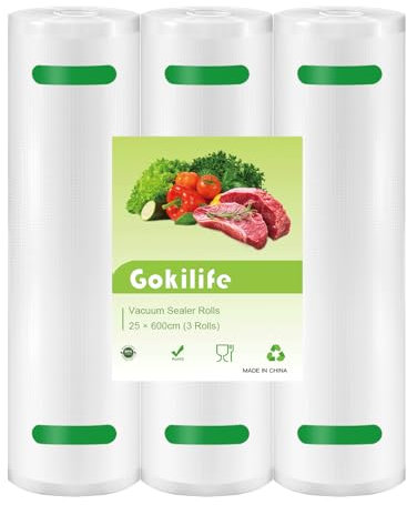 Gokilife Vacuum Sealer Bags Rolls - 3 Rolls 25 x 600 cm Sous Vide Bags, BPA Free, Durable Commercial Customized Size Food Bags for Food Storage and Sous Vide Cooking