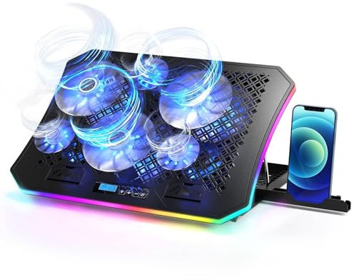 KeiBn Upgarde Tapis de refroidissement pour ordinateur portable avec 6 ventilateurs pour ordinateurs portables de 15,6 à 17,3, 7 supports de hauteur, 10 modes d'éclairage, 2 ports USB, utilisation de