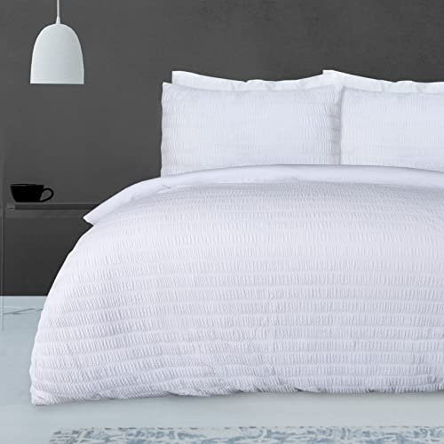 Sleepdown Seersucker Embossed Geometric Textured White Duvet Cover Quilt Pillow Cases Bedding Set Soft Easy Care - King (230cm x 220cm), (5056242898917)