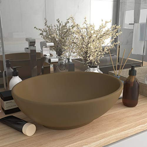 Catherinol Luxuriöses Ovales Waschbecken, Aufsatzwaschbecken, Bad Unterschrank Waschbecken, Handwaschbecken, Aufsatzbecken, Bad, Waschschale, Matt Creme 40x33 cm Keramik