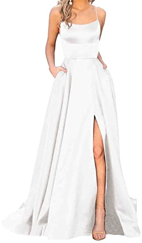 HAHAEMMA - Elegante abito da donna lungo, con tasche, in raso, linea ad A, schiena scoperta, abito da sera, da matrimonio, sexy, con allacciatura al collo, da principessa, damigella d'onore, bianco, M