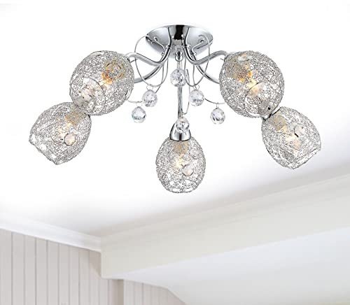 bmf-versand Deckenlampe für Schlafzimmer inkl Pflegetuch - Elegante Deckenleuchte 5-Flammig Küche Esszimmer - Deckenstrahler Kristalle für Wohnzimmer Badezimmer Länge 54 cm