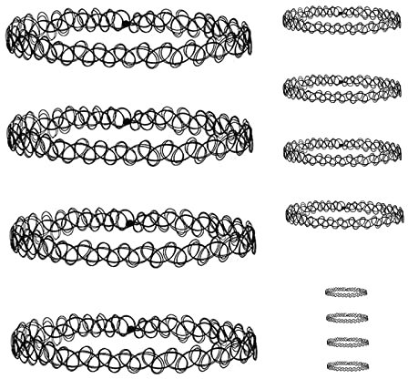 Choker Tattoo Kette 90s Set, GoldRock 12 Stück Choker Halsband, Elastische Tattoo Halskette,4x Choker Gothic,4x Ringe Schwarz,4x Armbänder, 90er Jahre Accessoires Geschenk für Mädchen Damen
