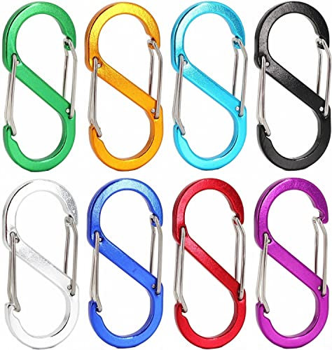 YONCONO 8Pcs Coloured Carabiner Clip S-shape Dual Spring Opening Ring Locking Carabiner Keyring Clip Metal Buckle Double Hooks for Outdoor Hiking Fishing Camping