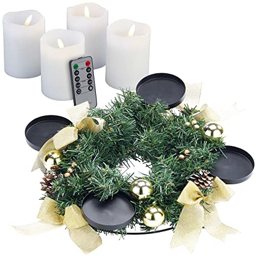 Britesta Advent Deko Kränze: Adventskranz mit goldfarbenem Schmuck, inkl. LED-Kerzen in weiß (Adventskranz klassisch, Adventdekoration, Kerze)
