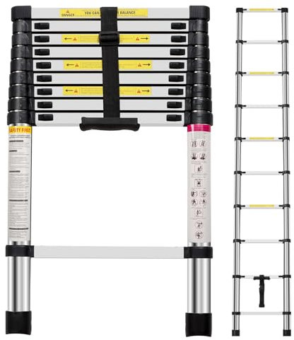 Panana Telescopic Ladder, 2.9m/ 9.5ft Stainless Steel Extension Ladders, Collapsible Portable Loft Ladder with Non-Slip Feet, Adjustable Height Step Ladder for Home and Outdoor Use
