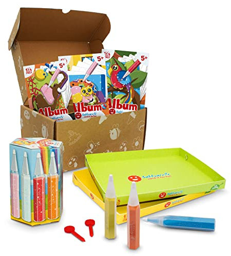 Sabbiarelli Sand-it For Fun - Box Farbige Tiere, Bastelset zum Ausmalen mit Sand, handwerkliche Sandkunst, pädagogische Aktivität, Geschenkidee zum Geburtstag oder zu Weihnachten für Kinder 5+
