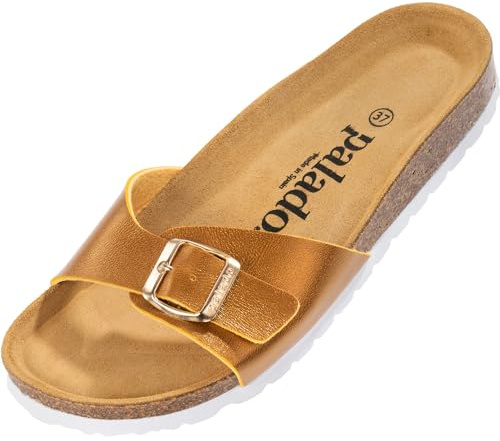 Palado Pantoletten Damen Malta Metallic – Sandalen Made in Spain - elegante Hausschuhe mit Kork-Fußbett - modische Sommerschuhe Senf Gold UK7 - EU40