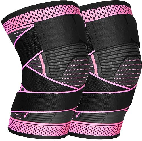 Ruilala Genouillère Sport 2 Pièces Genouillère pour femmes et hommes Élastique Réglable Genou Bandage Attelle Genou pour running ligamentaire menisque arthrose (rose rouge, M)