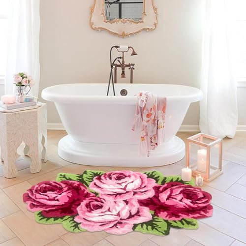 Abeigoi Badezimmerteppich, rosa Rose, rutschfeste Badematte, handgefertigt, saugfähig, zottelig, für Badezimmer, Dusche, Fußmatte, 74 x 120 cm