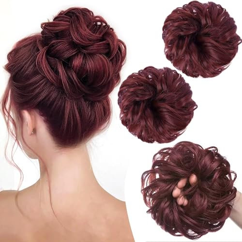 PORSMEER 2 Stücke Haarteil mit Gummiband Groß Dutt Haarteil dunkelrot Gelockt Haargummi mit Haaren Hochsteckfrisuren Haarverlängerung Messy Bun Scrunchies Haarteile für Damen Mädchen Pferdeschwanz
