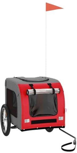 vidaXL Fahrradanhänger für Hunde, Hundeanhänger mit Reflektoren Flagge, Hundetransporter Maximale Belastbarkeit 45kg, Rot Grau Oxford-Gewebe Eisen