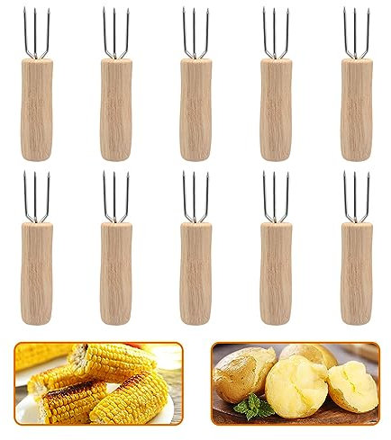 SENZEAL 10 Piezas Pinchos Mazorcas Maiz de Acero Inoxidable Soporte para Mazorcas de Maíz con Mango de Madera para Barbacoa Camping Picnics Fiestas Cocina en Casa