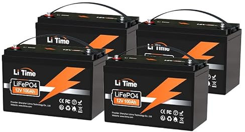 LiTime 4 Piezas Bateria Litio 12V 100Ah, hasta 15000 Ciclos y 10 Años de Vida, Batería Lifepo4 con 100A BMS, Baterias Solares para Caravana Energía Respaldo Aplicación Fuera Red Barco Motor Arrastre