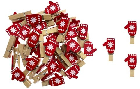 Oblique Unique® Mini Wäscheklammern aus Holz mit Weihnachtsmotiven Tannenbaum Handschuh Schneeflocken Klammern als Dekoration Streudeko Tischdeko Weihnachten (Rot - Handschuhe)