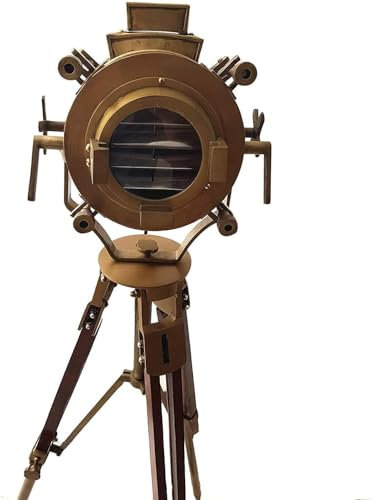 Vintage Brass Antique Hollywood Theater Marine Searchlight Nautical Wooden Brown Tripod Handmade Brass Floor Lamp Retro Spotlight.