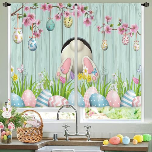 Miyotaa Küchenvorhänge, Osterhase, 2 Paneele, 27,5 x 39 cm (B x H), Stangentasche, Eier, Urlaub, Holzbrett, Pysanka, Blau, Rosa, kleine kurze Tür, Fenster, Vorhangbehandlung